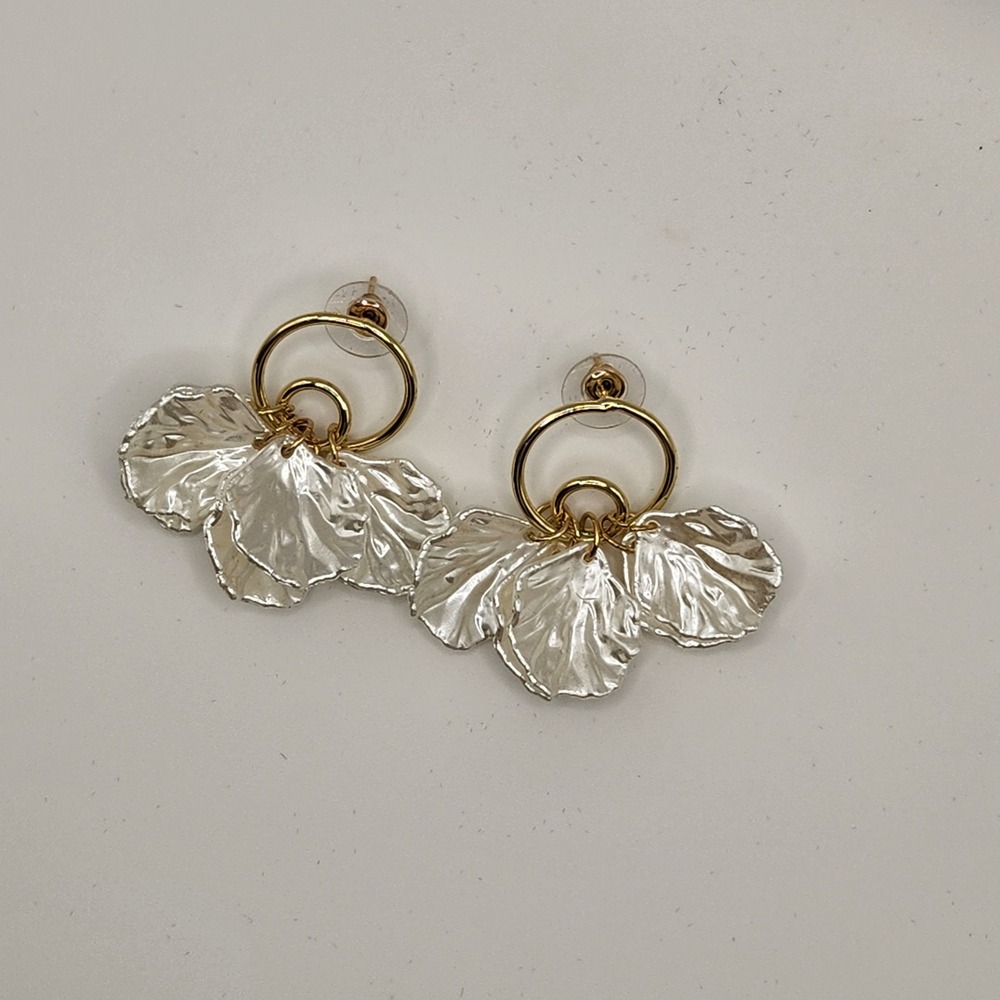 Gold Tone Hoop Earrings with White Petal Dangles Statement - Picture 6 of 6